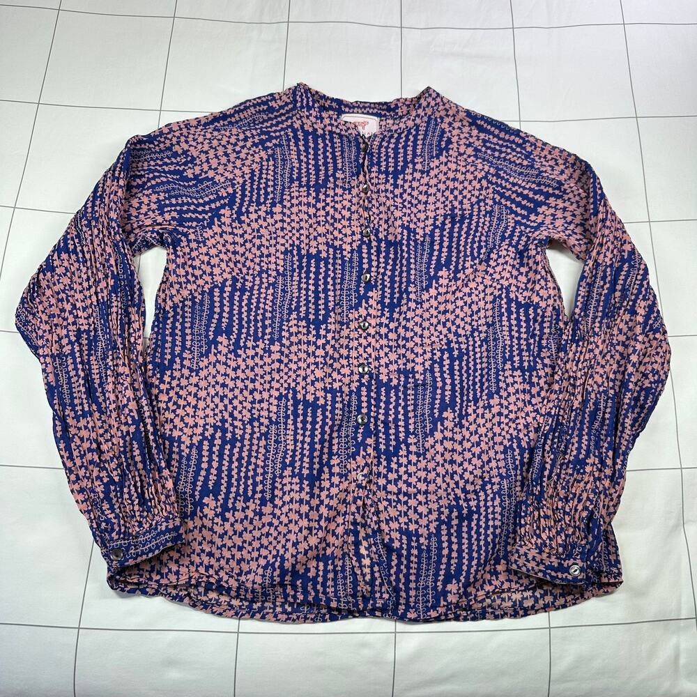 Banjanan Top Women Medium Pink Blue Long Sleeve Floral Cotton Resort Lightweight
